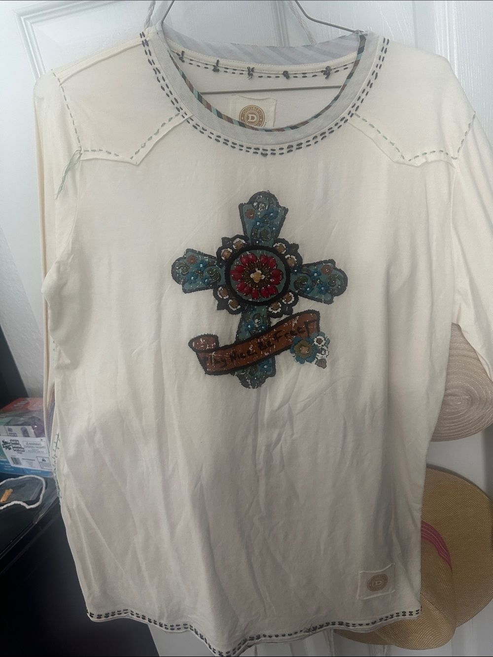 Double D Ranch Cream Long Sleeve Top with Turquoise & Red Cross Appliqué